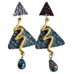 VTG Marjorie Baer MB SF earrings dangle brass silver copper Chunky pierced‎ 3"